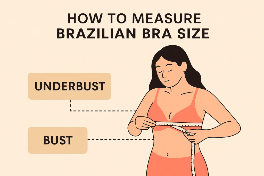 Infographic showing a woman measuring her underbust and bust to determine Brazilian bra size