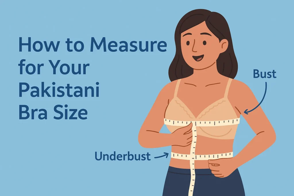 Illustrated guide showing a South Asian woman measuring her bust and underbust with a tape for Pakistani bra size calculation.