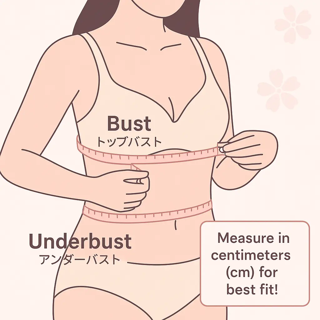 Illustration of a woman measuring her bust and underbust with a tape measure, labeled in English and Japanese for Japanese bra size calculation