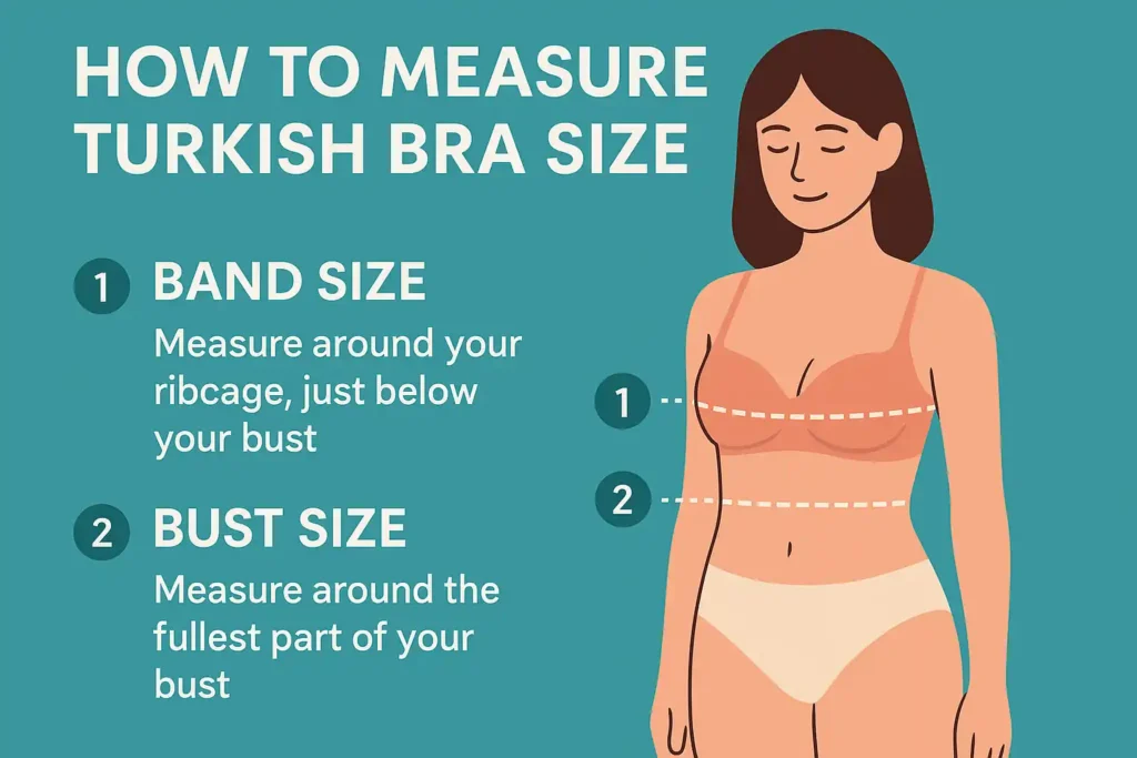 Step-by-step image showing how to measure underbust and bust for Turkish bra size in centimeters