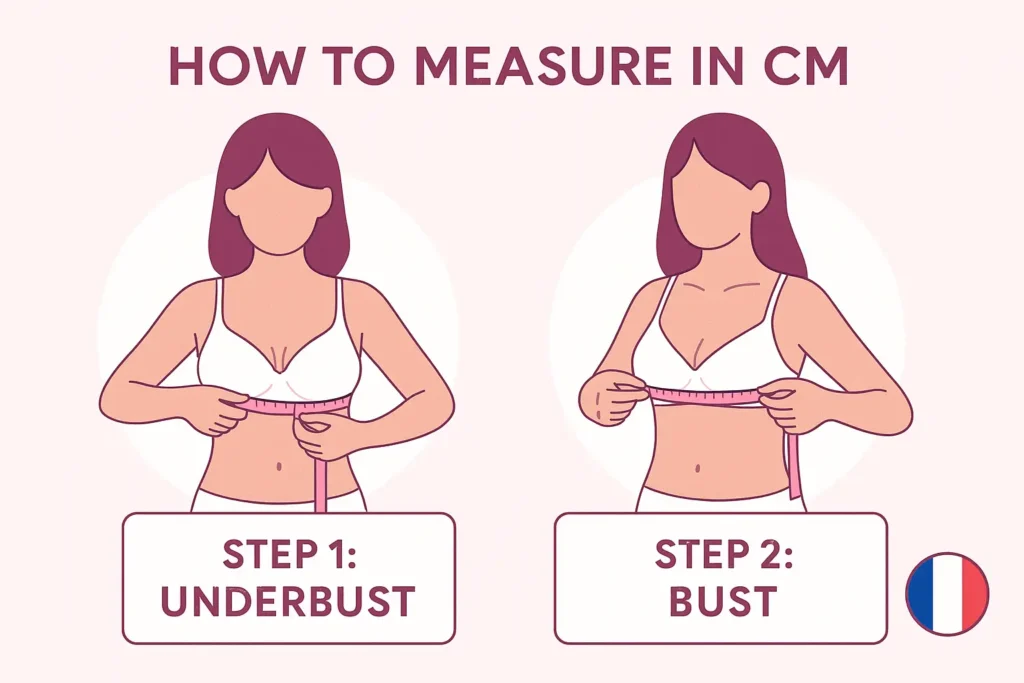 Step-by-step infographic showing how to measure underbust and bust in centimeters for accurate France bra size