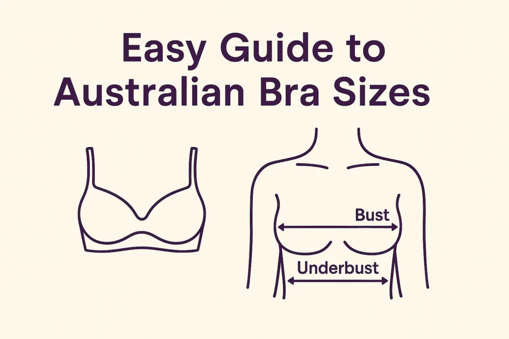 Minimalist feature image for “Easy Guide to Australian Bra Sizes,” showing a bra outline and a female torso with clear bust and underbust measurement lines. Perfect for understanding how to measure your bra size in centimeters for Australian sizing.