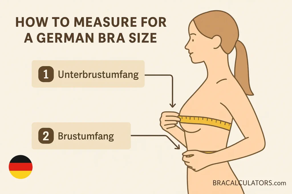 Illustration of a woman measuring her underbust and bust in centimeters for a German bra size. Includes labeled steps “Unterbrustumfang” and “Brustumfang.”