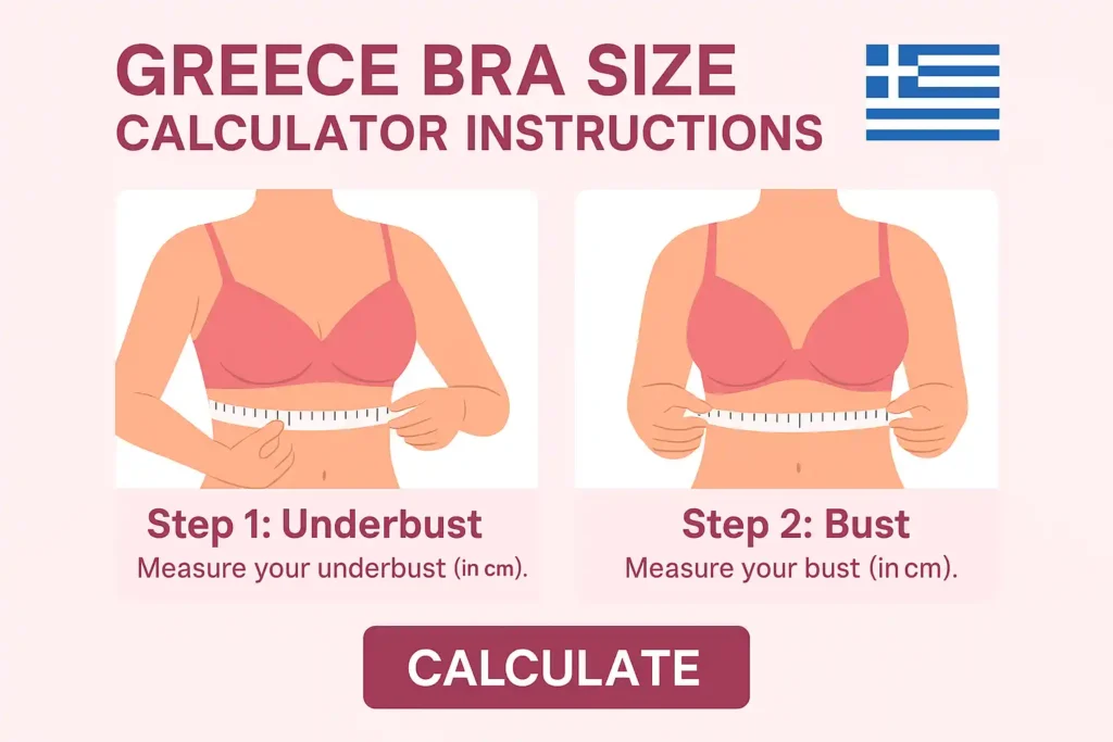 Infographic showing Step 1 underbust and Step 2 bust measurements for Greece bra size calculator in EU format