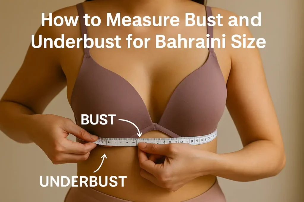Close-up of bust and underbust measuring with labeled tape for Bahraini Bra Size guide.