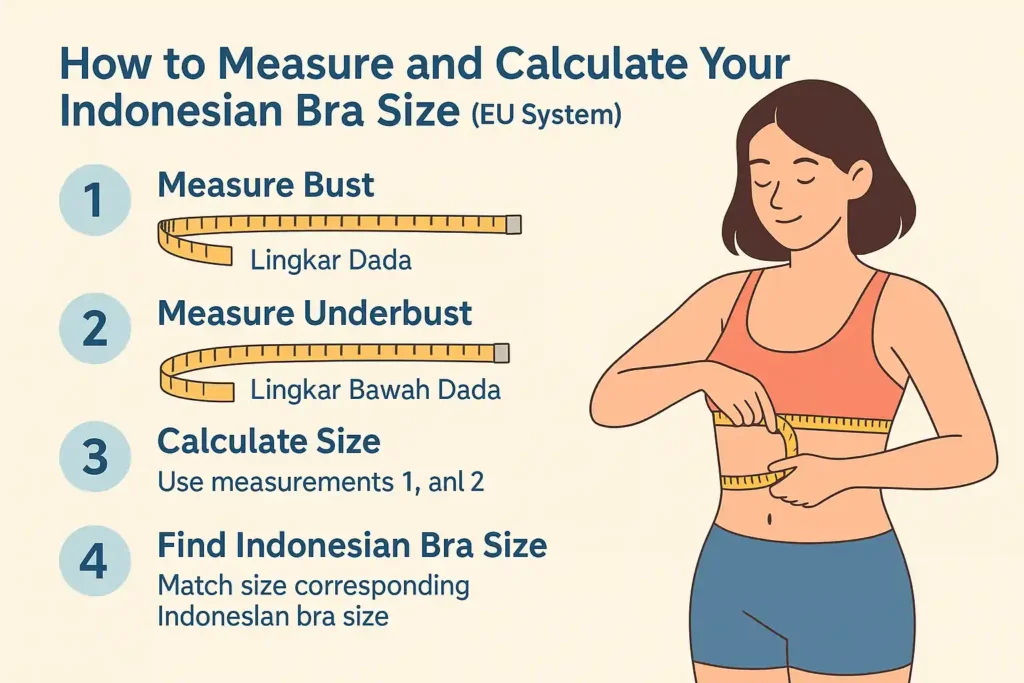 Step-by-step infographic explaining how to calculate Indonesian bra size in EU system.