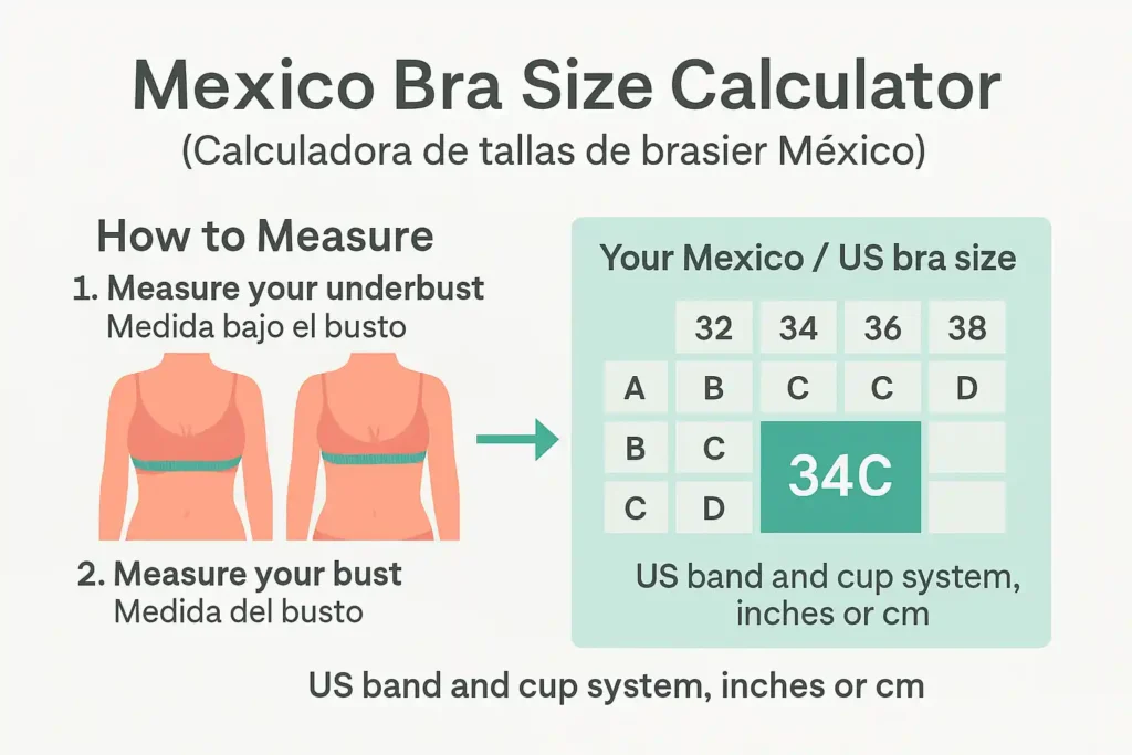 How to measure for Mexico bra size using bust and underbust in inches or centimeters.