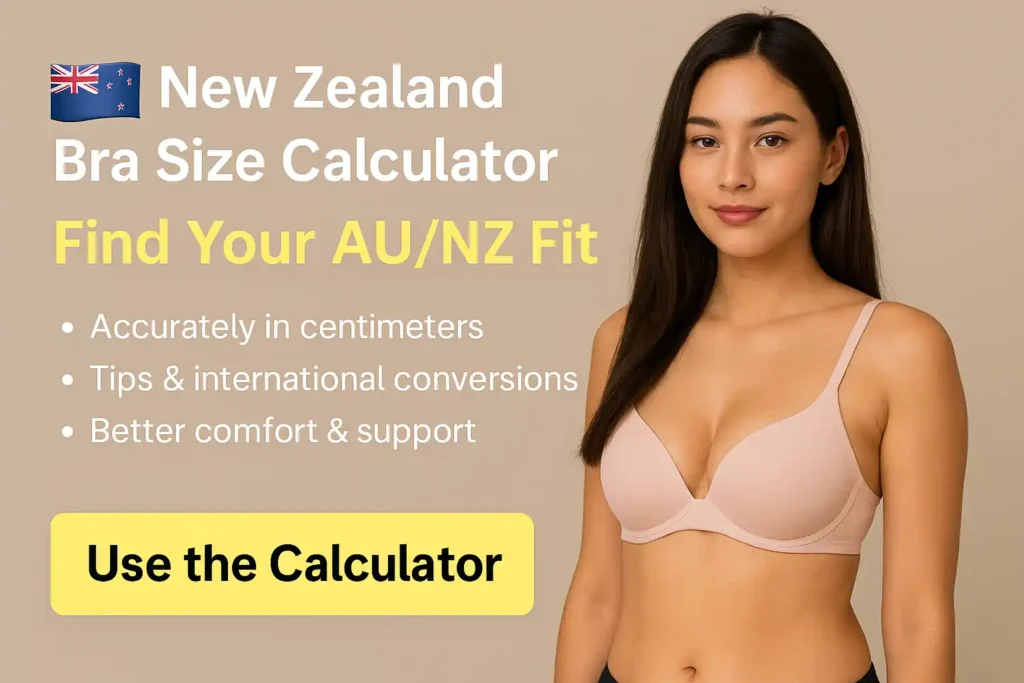 New Zealand Bra Size Calculator banner featuring woman in pink bra with text overlay highlighting accurate fit