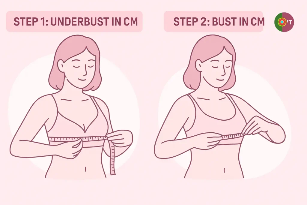 Diagram showing how to measure underbust and bust in centimeters for Portuguese bra size
