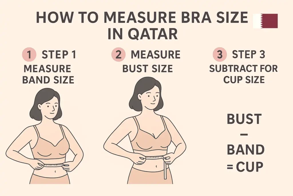 Three-step infographic for measuring Qatar bra size with band, bust, and cup size instructions