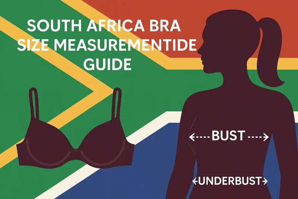 Infographic showing bust and underbust measurement steps for calculating South African bra size using UK system