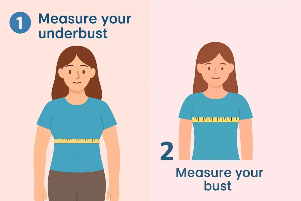 Step-by-step bra size calculator visual showing how to measure underbust and bust