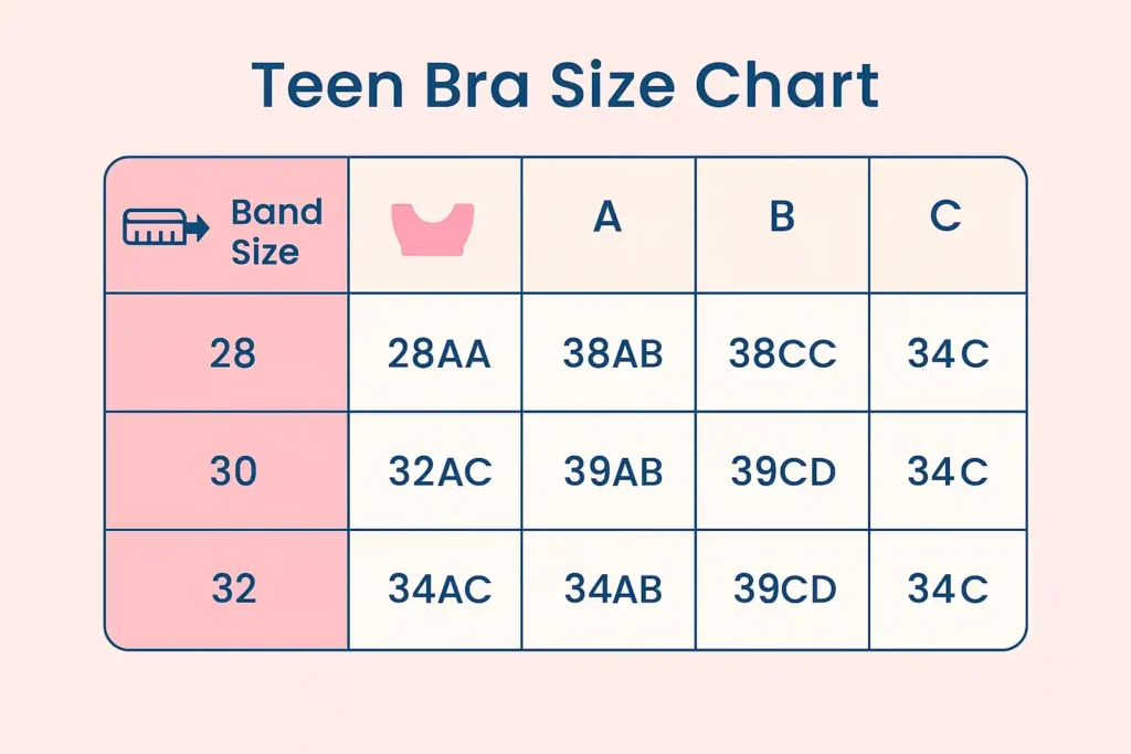 Teen bra size chart with band sizes and cup sizes for use with bra size calculator.
