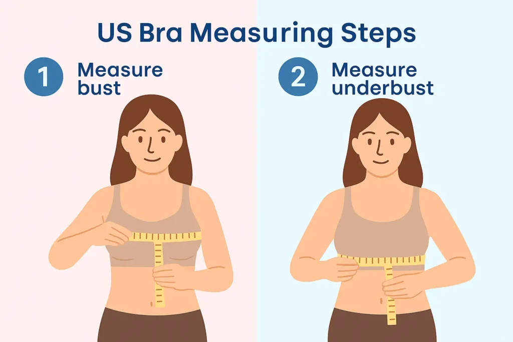 Step-by-step visual guide for US Bra Size Calculator – shows how to measure bust and underbust accurately using a measuring tape.